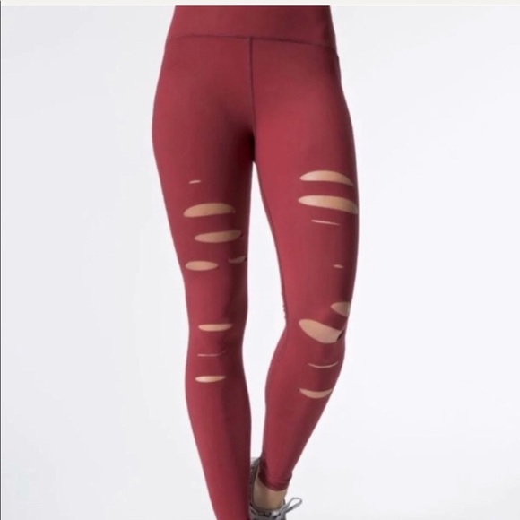 ALO Yoga Pants - ALO YOGA High Waist Ripped Warrior Leggings-Medium Burgundy-Size-S